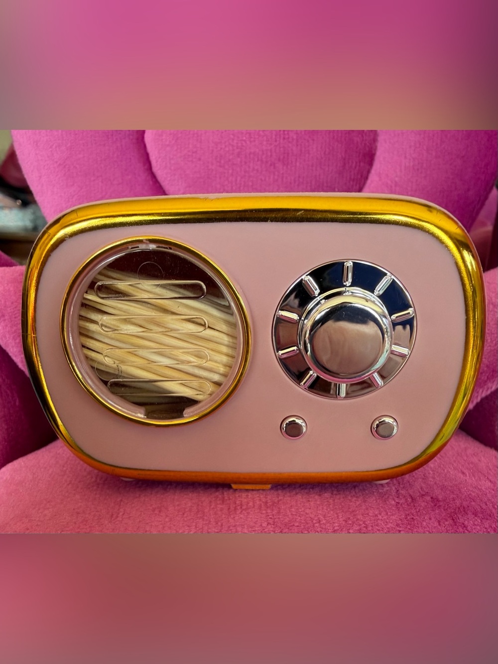 Pink Retro Portable Radio Toothpick Holder with Chrome Controls